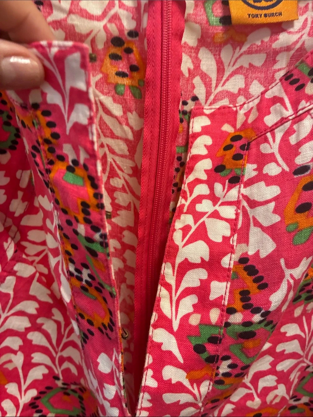 Tory Burch 100% linen Pink abstract Floral Tunic Top with 3/4 sleeves